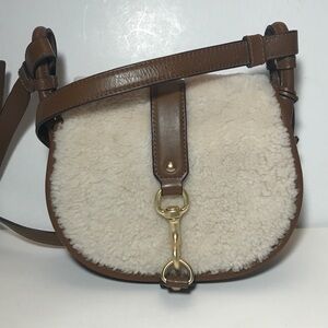 Michael Kors Jamie Leather Suede Shearling Saddlebag Style Crossbody Bag Cognac